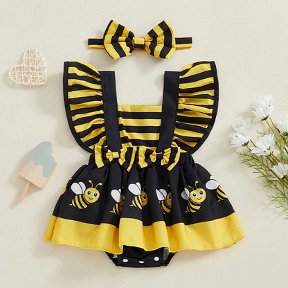 Infant Baby Girl Summer Clothes Ruffle Fly Sleeve Romper Dress Cute Print Playsuits with Headband Summer Outfit