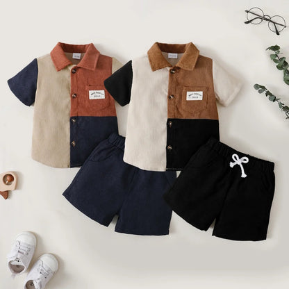 2PCS Clothes Outfit Kids Boy Fashion Color Block Short Sleeve Top+Shorts Summer Gentleman Clothes Set for Children Boy 1-6 Years