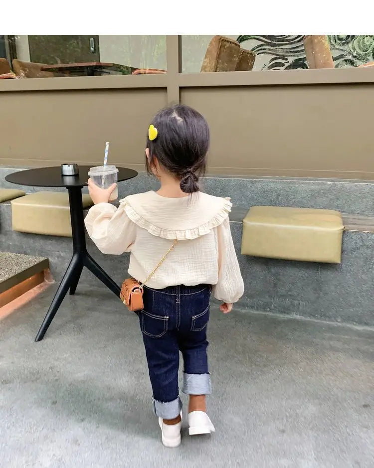 Baby girl doll collar shirt Spring and Autumn new children's Korean version long sleeved embroidered white shirt little girl top