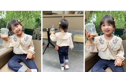 Baby girl doll collar shirt Spring and Autumn new children's Korean version long sleeved embroidered white shirt little girl top