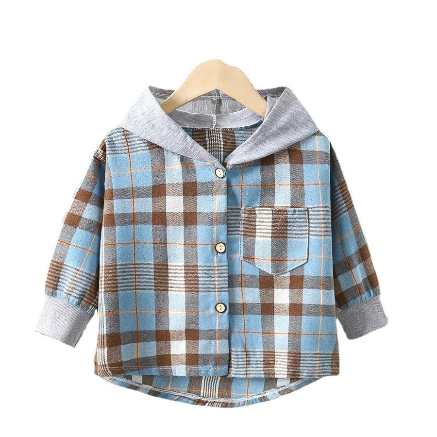 Spring Baby Boys Plaid Hooded Shirts Kids Cotton Clothes Autumn Girls Shirts Coat Girls Long-Sleeve Jacket Bottoming Clothing