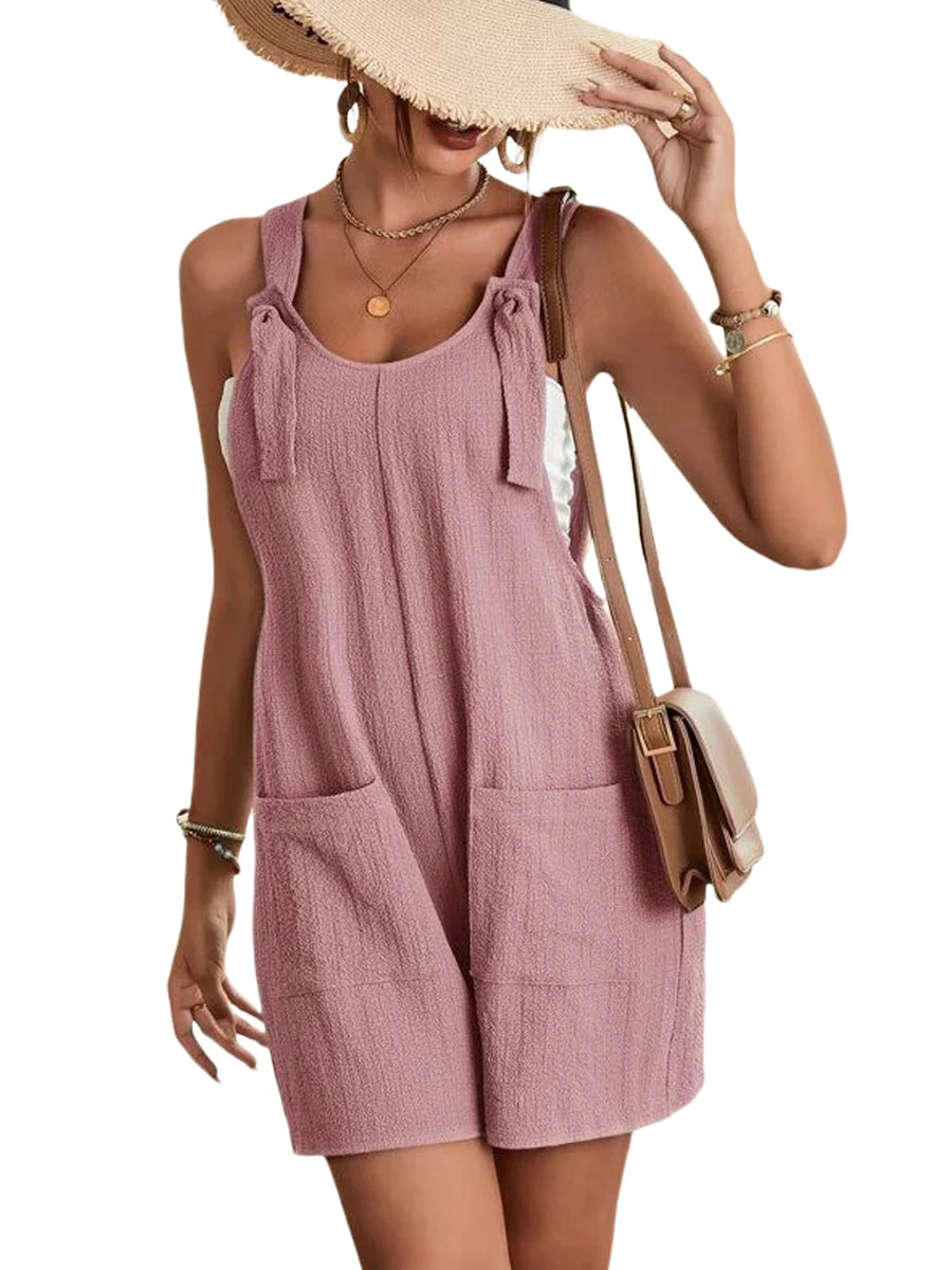 2025 Summer Women's Jumpsuit Overalls Short Loose Sleeveless Wide Leg Overall Solid Casual Romper with Pockets