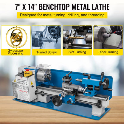 VEVOR Metal Lathe 7x14 / 7x12 inch Precision Bench Top 550W Variable Speed 50-2500 / 0- 2250 RPM Nylon Gear with A Movable Lamp