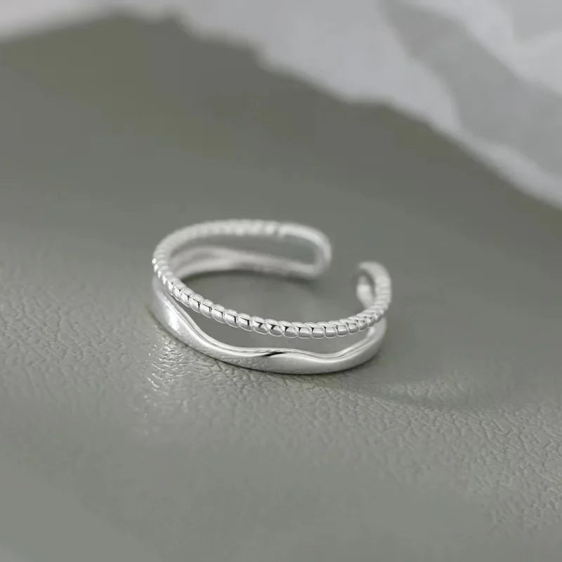 Party 925 Sterling Silver Fashion Simple Double Layer Cocktail Adjustable Ring for Trend Women Girls Party Ring Jewelry