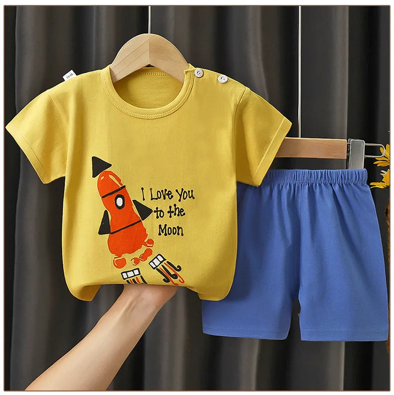 2025 New Kids Boys Girls Summer Pajamas Cute Cartoon Print Short Sleeve T-Shirt Tops with Shorts Toddler Baby Clothing Sets