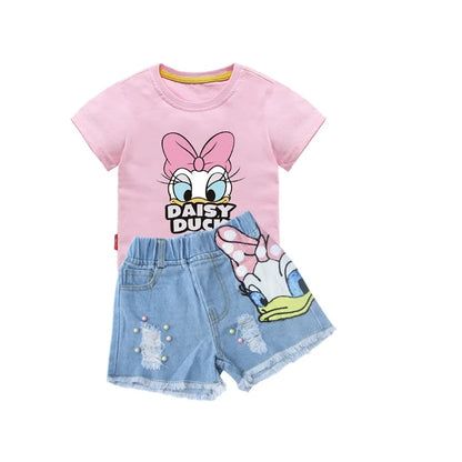 2024 Disney Girls Outfits Cartoon Donald Duck Sets Printed Summer Shirt Broken Hole Denim Shorts Girl Clothing Set girls Clothes