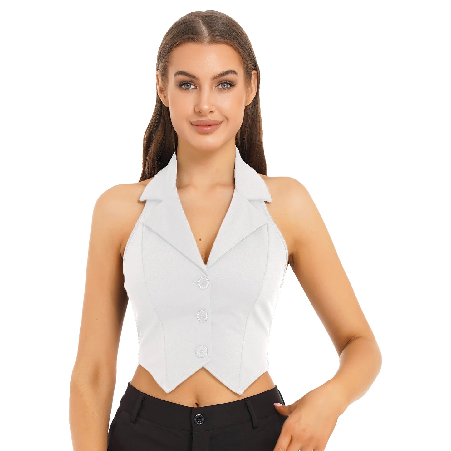 Womens Fashion Vest Tops Halter Backless Button Down Pointed Hem Waistcoat Crop Top Formal Elegant Business Office Ladies Wear