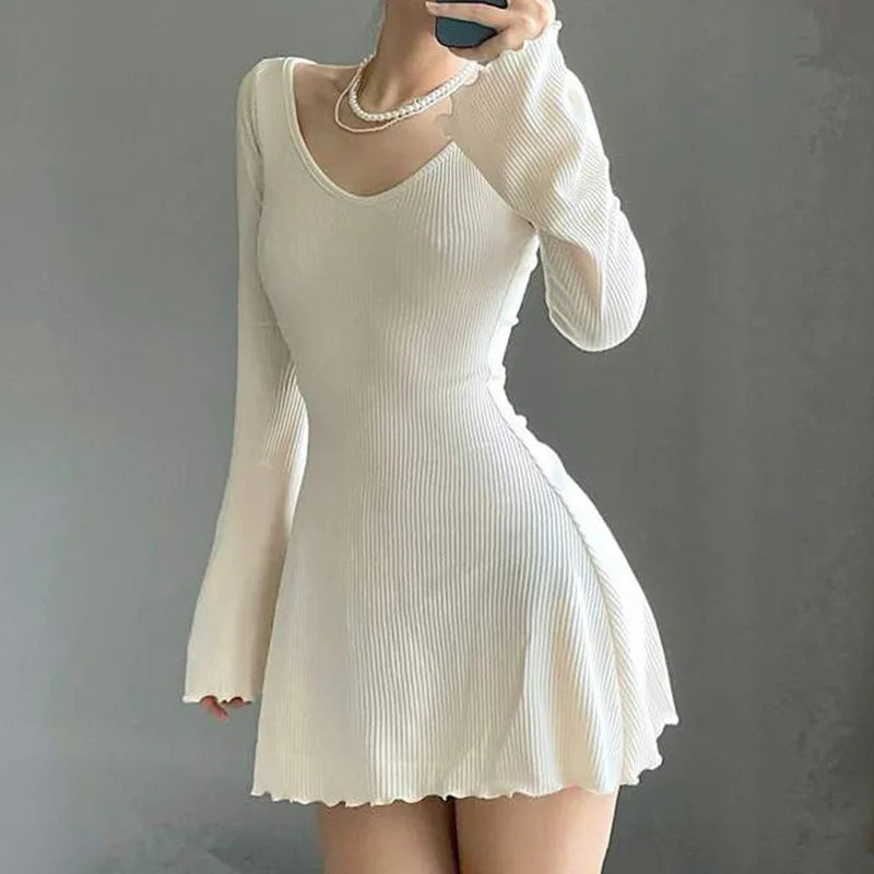 Fashion Women Summer Slim A-Line Dress Solid Color Ribbed Long Sleeve V-Neck Slim Fit Mini Dress for Party Beachwear Y2k