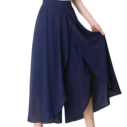 Double-layer Women Skirt Pants See-through Chiffon Split Hem High Waist Yoga Pants Loose Wide Leg Mid-calf Length Cropped Pants