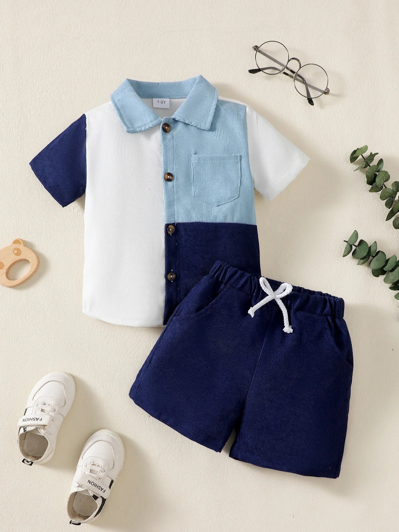 2PCS Clothes Outfit Kids Boy Fashion Color Block Short Sleeve Top+Shorts Summer Gentleman Clothes Set for Children Boy 1-6 Years