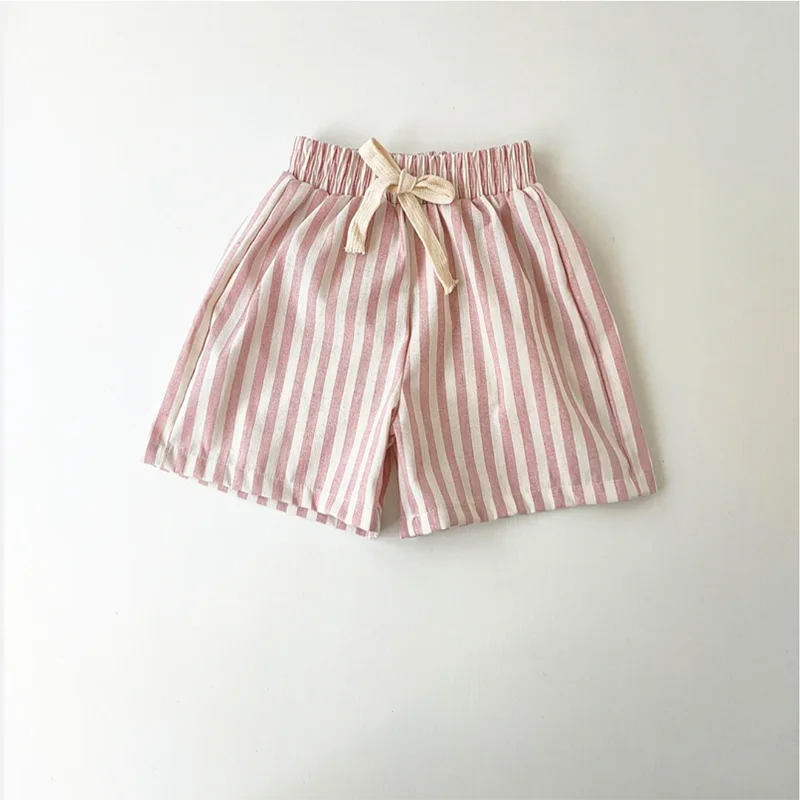 Retro Hemp Cotton Striped Boys' Pants with A Casual and High-end Design Elastic Waist Girls' Clothing Children's Pants