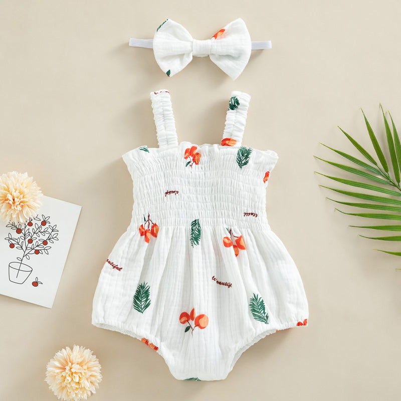 pudcoco Infant Newborn Baby Girl 2Pcs Summer Outfits, Sleeveless Cherry/Carrot/Tree Print Romper with Headband 0-18M