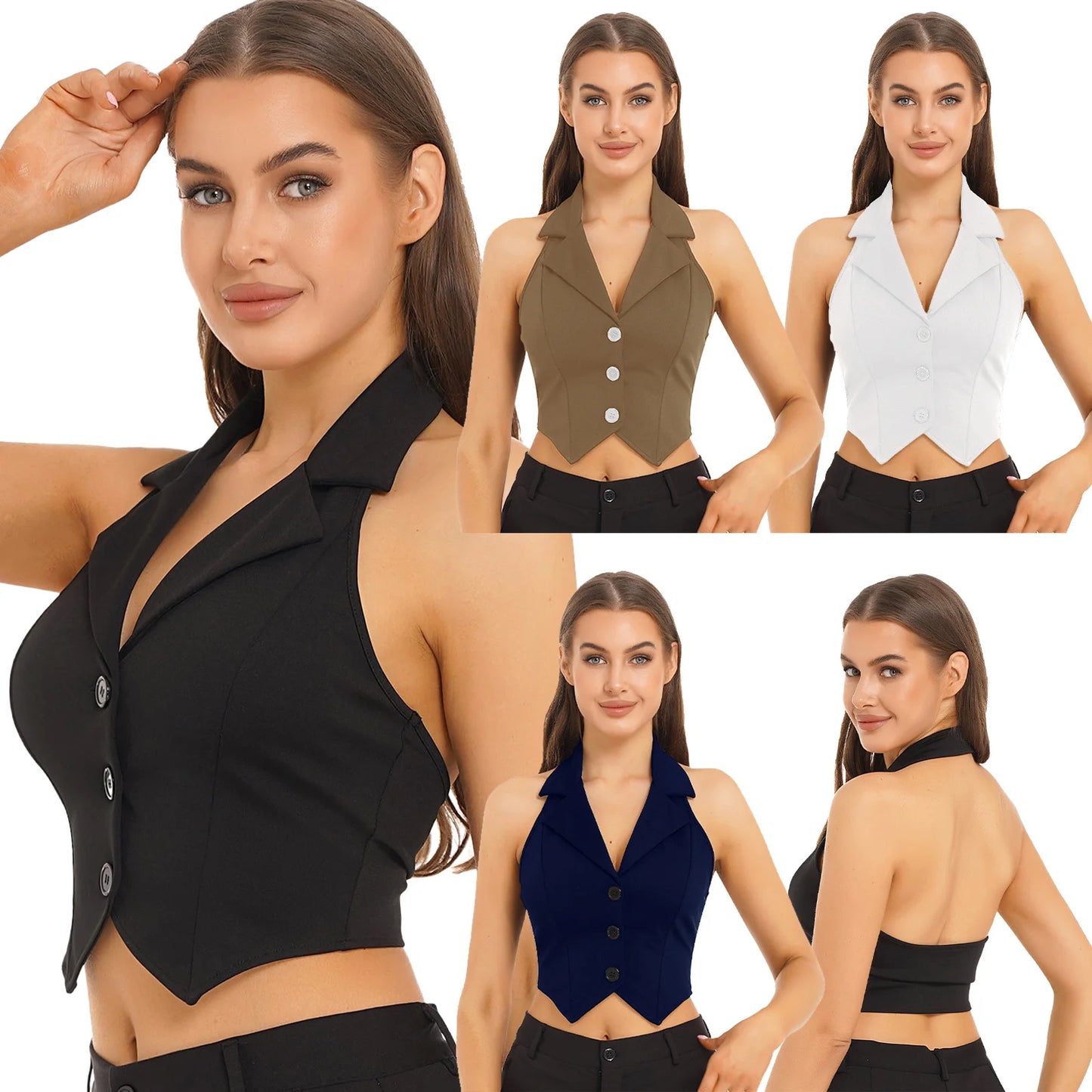 Womens Fashion Vest Tops Halter Backless Button Down Pointed Hem Waistcoat Crop Top Formal Elegant Business Office Ladies Wear