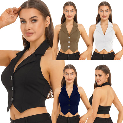 Womens Fashion Vest Tops Halter Backless Button Down Pointed Hem Waistcoat Crop Top Formal Elegant Business Office Ladies Wear