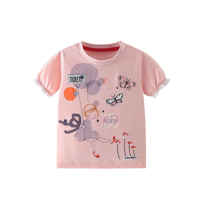 Jumping Meters 3-8T Flowers Kids Tees Hot Selling Cotton Summer Girls Tshirts Baby Clothes Children's Tees Tops