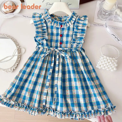 Bear Leader New Girls Flower Print Princess Dresses Wood Ear Edge Plaid Waistband Casual Kids Clothes Fashion Summer Wear