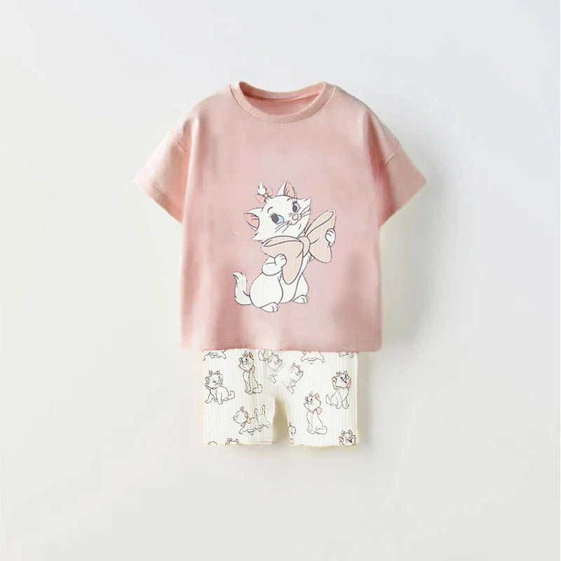 Cartoon Printed Kitten Kids Summer Casual Suit Set Children Boy And Girl T-shirt Shorts 2 Pieces/set Baby Coat Toddler Set