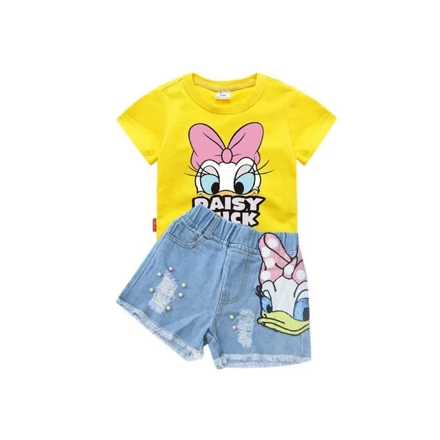 2024 Disney Girls Outfits Cartoon Donald Duck Sets Printed Summer Shirt Broken Hole Denim Shorts Girl Clothing Set girls Clothes