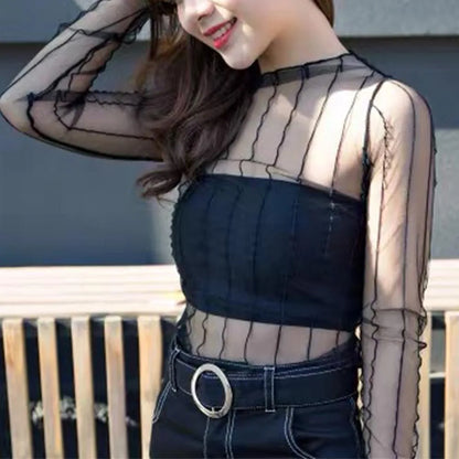 Fashion See Through Lace Top Transparent Blouse For Women Slim Fit Shirt With Long Sleeve Black Mesh T-shirt Fishnet Sheer Tops