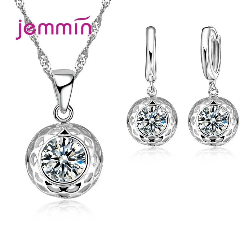 925 Sterling Silver Trendy Crystal Pendant Necklace Earrings Jewelry Set For Women Girls Wedding Engagement Fashion Jewelry