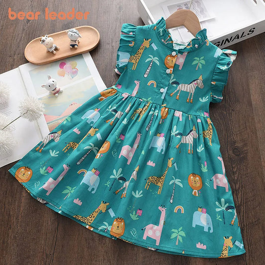 Bear Leader Cartoon Print Baby Girls Princess Dress New Fashion Summer Floral Toddler Kid Party Clothes Children Vestido