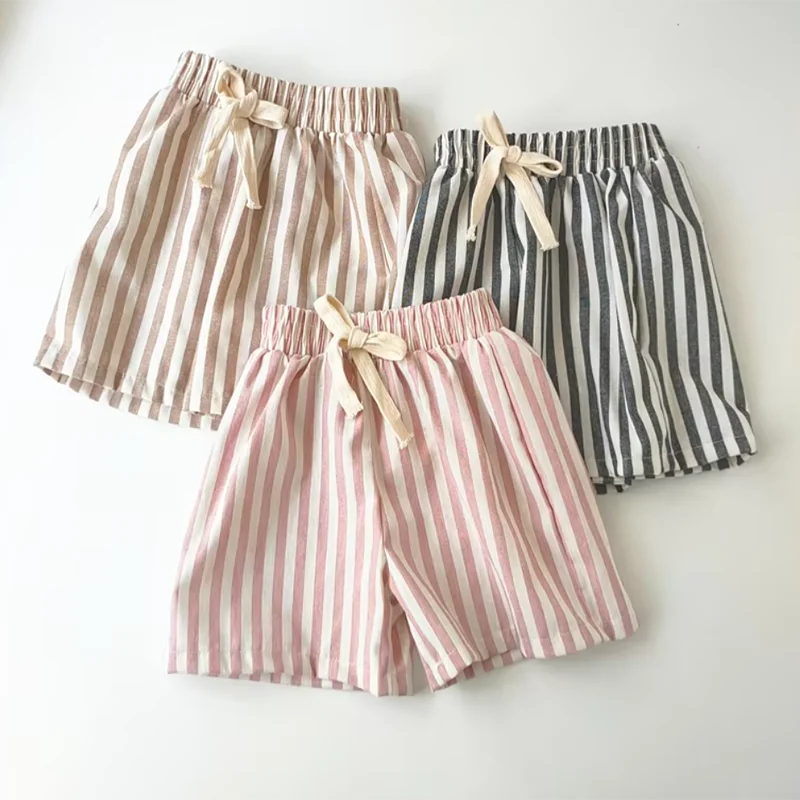 Retro Hemp Cotton Striped Boys' Pants with A Casual and High-end Design Elastic Waist Girls' Clothing Children's Pants