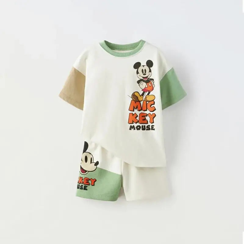 Disney Cartoon T-shirt Outfits Summer Clothing Baby Boys Short Sleeve Tops Shorts Casual Tracksuits Kids Mickey Tees Set 1-5 Age