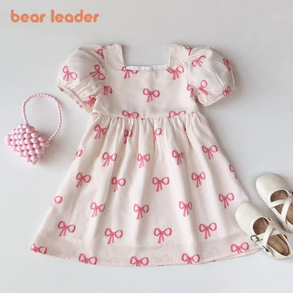 Bear Leader Short Sleeved Girls Clothing Summer New Bow Print Casual Dresses Sweet and Cute Kids Clothes for 3-7 Years Wear