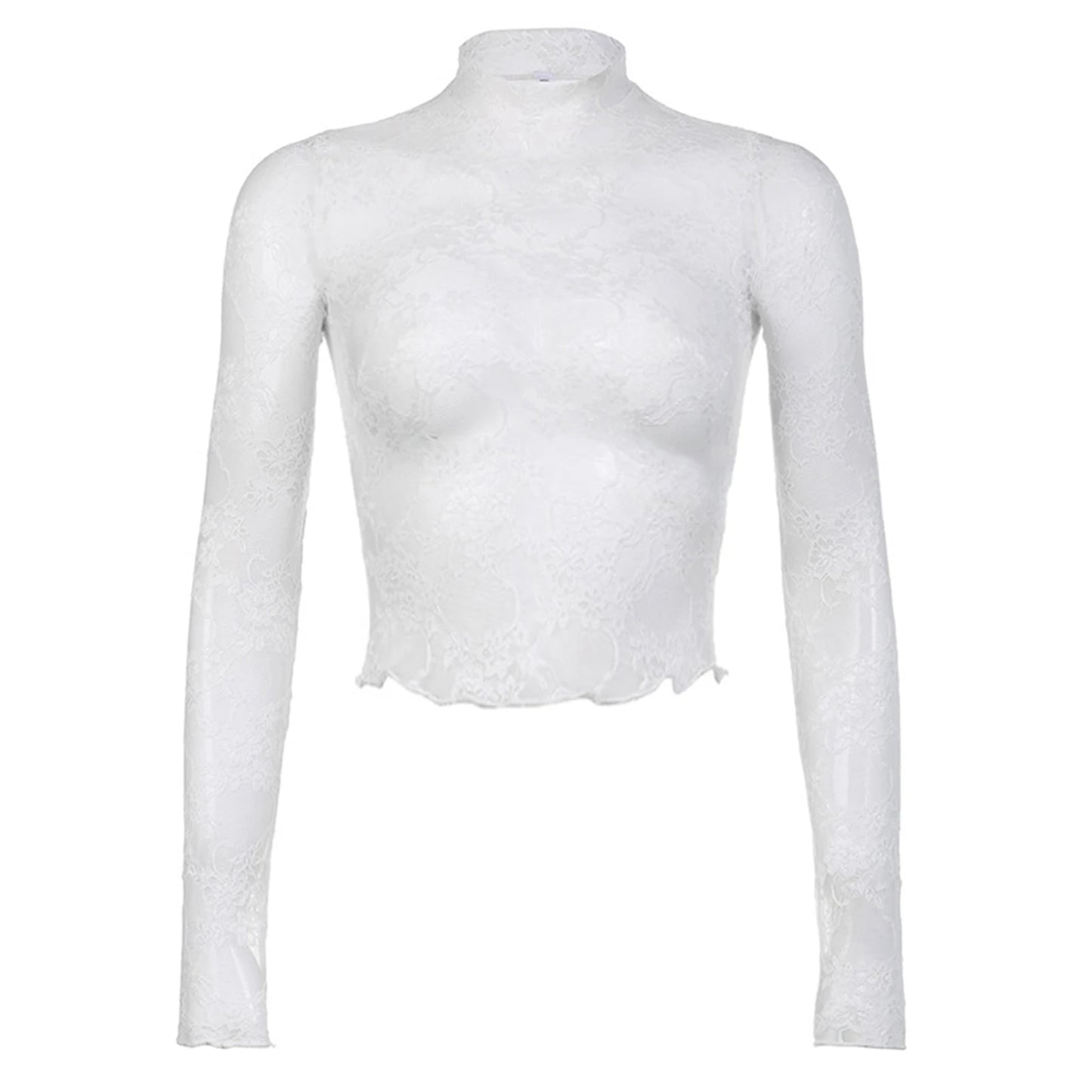 Women's Fashion Lace Sheer Crop Tops Elegant  White Turtleneck Long Sleeve Mock Neck Lace Floral Slim T-shirt Club Partywear