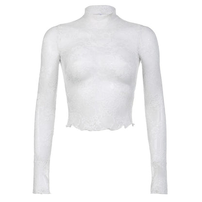 Women's Fashion Lace Sheer Crop Tops Elegant  White Turtleneck Long Sleeve Mock Neck Lace Floral Slim T-shirt Club Partywear