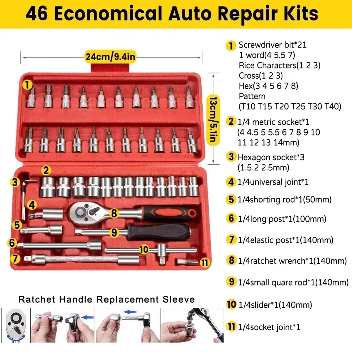 46pcs 1/4 Inch Drive Socket Set  Car Tool Kit, Bit Socket Wrench Set Metric Mechanic Tool Set Car accessories Ratchet Wrench Set