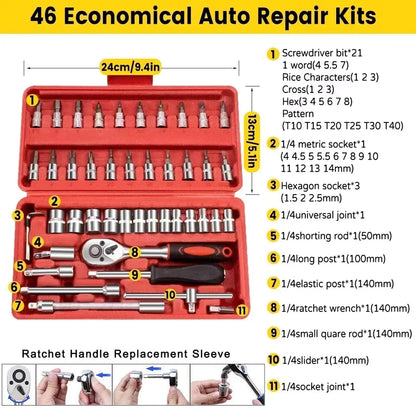 46pcs 1/4 Inch Drive Socket Set  Car Tool Kit, Bit Socket Wrench Set Metric Mechanic Tool Set Car accessories Ratchet Wrench Set