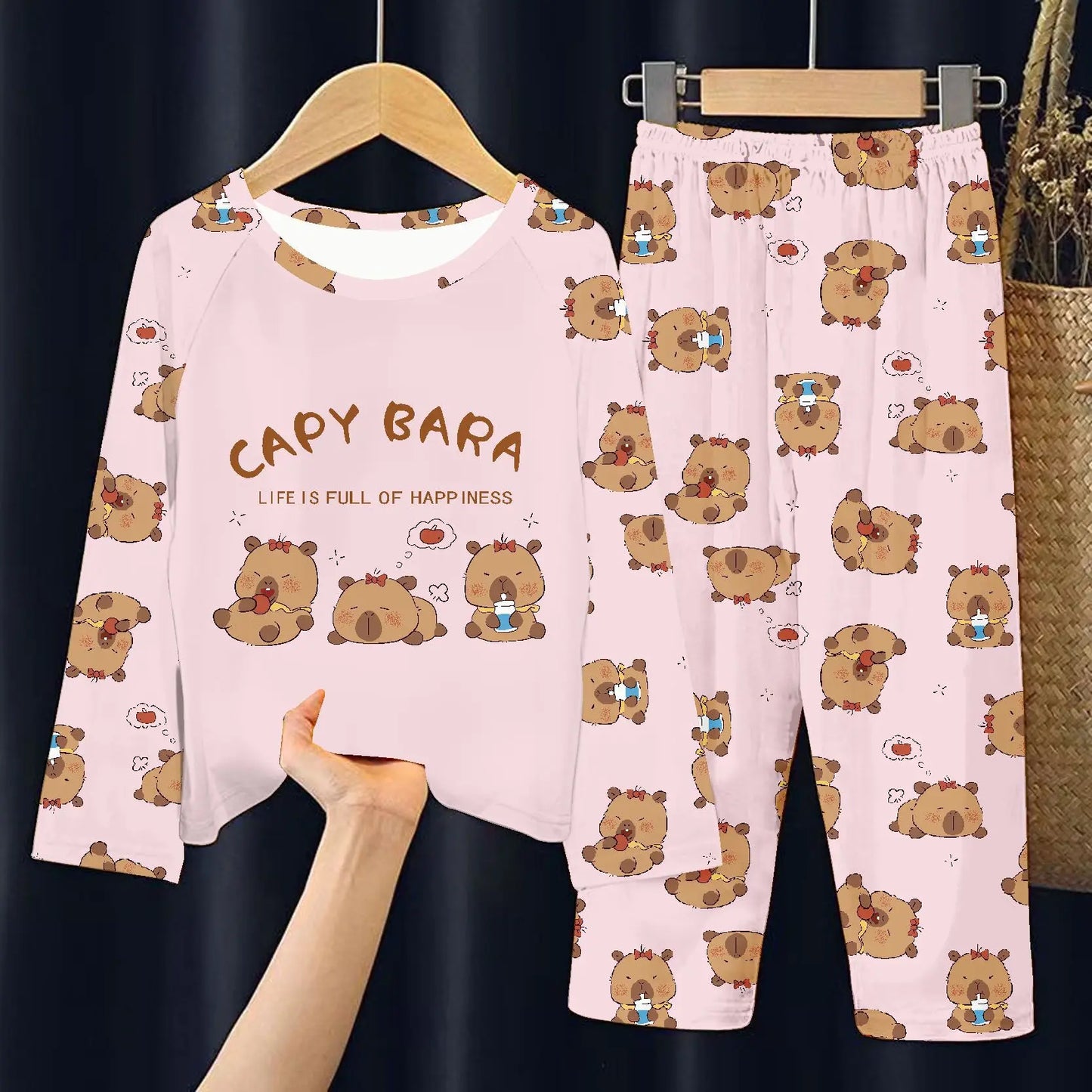 Capibara Pajamas Pants Set Kids Anime Capybara Nightgown Trousers Girls Boys Spring Autumn Home Clothes Children Long Sleeves