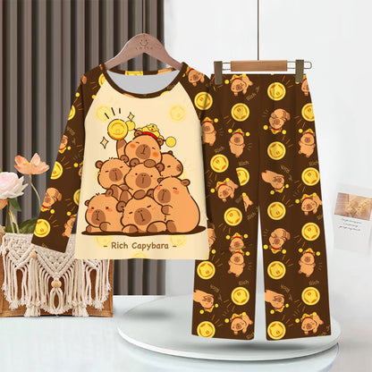 Capibara Pajamas Pants Set Kids Anime Capybara Nightgown Trousers Girls Boys Spring Autumn Home Clothes Children Long Sleeves