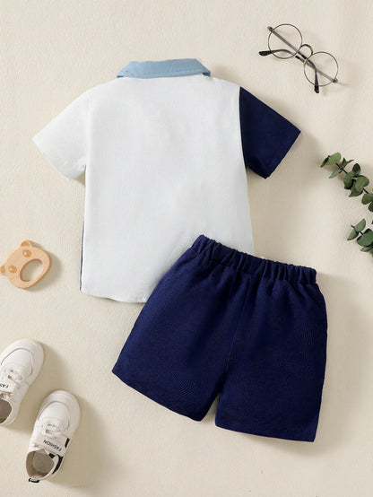 2PCS Clothes Outfit Kids Boy Fashion Color Block Short Sleeve Top+Shorts Summer Gentleman Clothes Set for Children Boy 1-6 Years