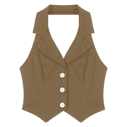 Womens Fashion Vest Tops Halter Backless Button Down Pointed Hem Waistcoat Crop Top Formal Elegant Business Office Ladies Wear