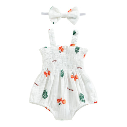 pudcoco Infant Newborn Baby Girl 2Pcs Summer Outfits, Sleeveless Cherry/Carrot/Tree Print Romper with Headband 0-18M