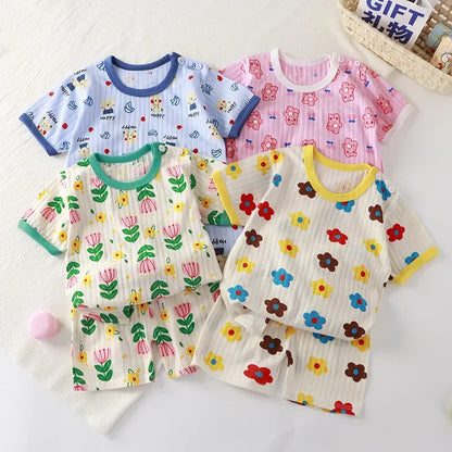 New Kids Boys Girls Summer Clothing Sets Children Cute Cartoon Print Short Sleeve T-Shirt Tops with Shorts Toddler Baby Pajamas