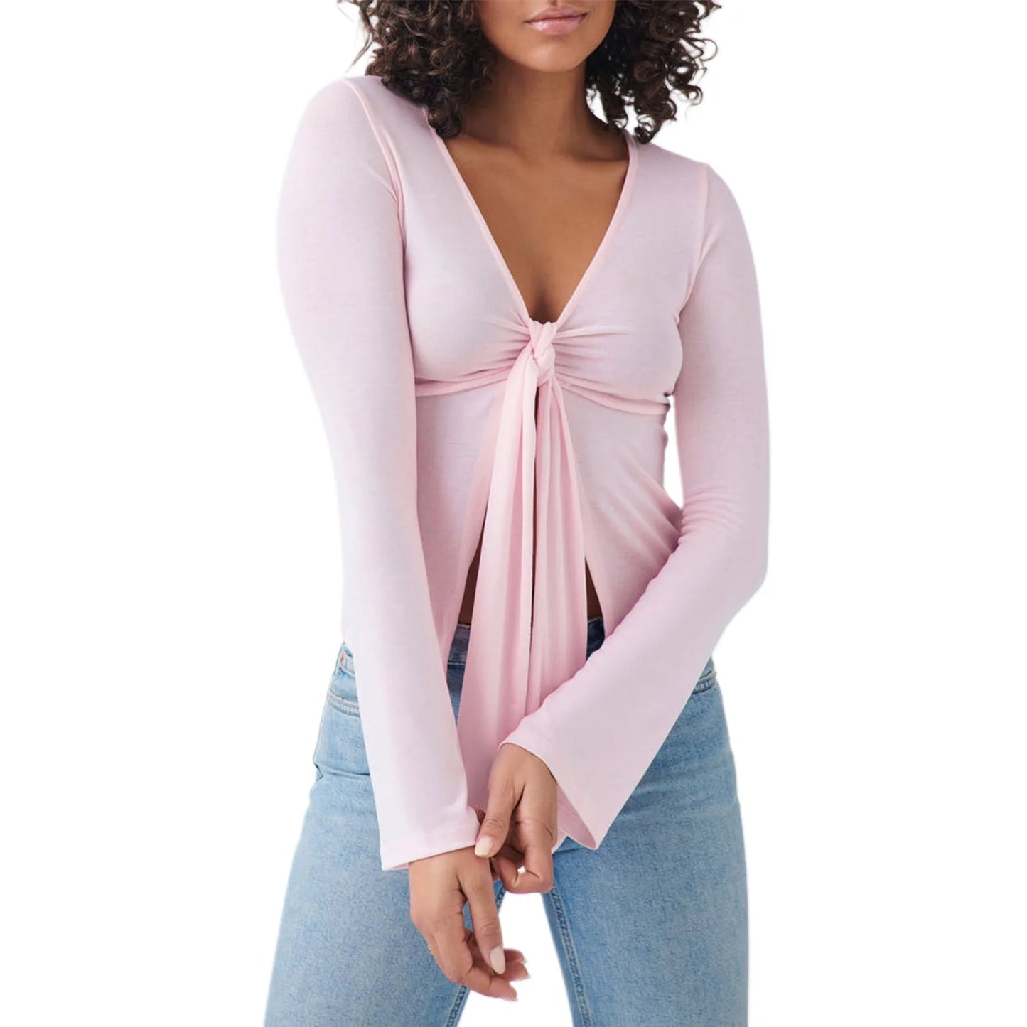 Women's Coquette y2k Top Spring Slim Slimming Pink Sweet Tops Long Sleeve V Neck Tie Up Trendy T-shirt Streetwear Sweatshirts