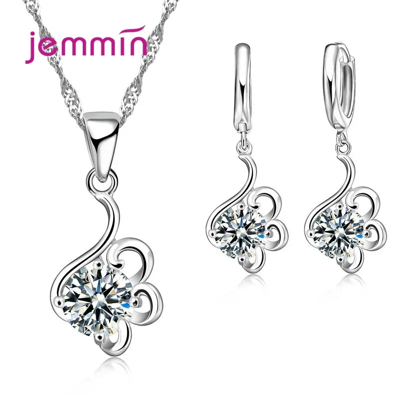 925 Sterling Silver Trendy Crystal Pendant Necklace Earrings Jewelry Set For Women Girls Wedding Engagement Fashion Jewelry