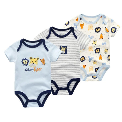 Kiddiezoom 3 Pcs Newborn Cartoon Short Sleeve Baby Boy Girl Bodysuits Soft 100%Cotton Baby Onesies Unisex Baby Clothes