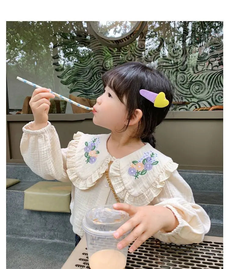 Baby girl doll collar shirt Spring and Autumn new children's Korean version long sleeved embroidered white shirt little girl top