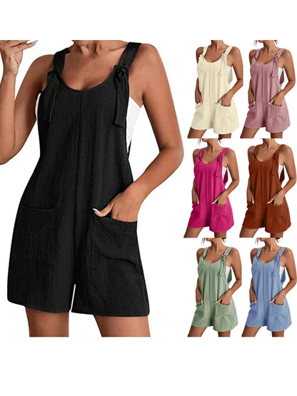 2025 Summer Women's Jumpsuit Overalls Short Loose Sleeveless Wide Leg Overall Solid Casual Romper with Pockets