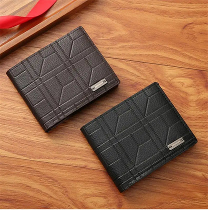 New Brand Men'S Wallet Men'S Short Wallet Youth Fashion Plaid Horizontal Soft Leather Wallet Large Capacity Multi Card Wallet