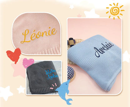 Personalized Knitted Blanket Embroidered Baby Name Stroller Cover Kids Cotton Nap Blanket for Newborn Shower Gifts