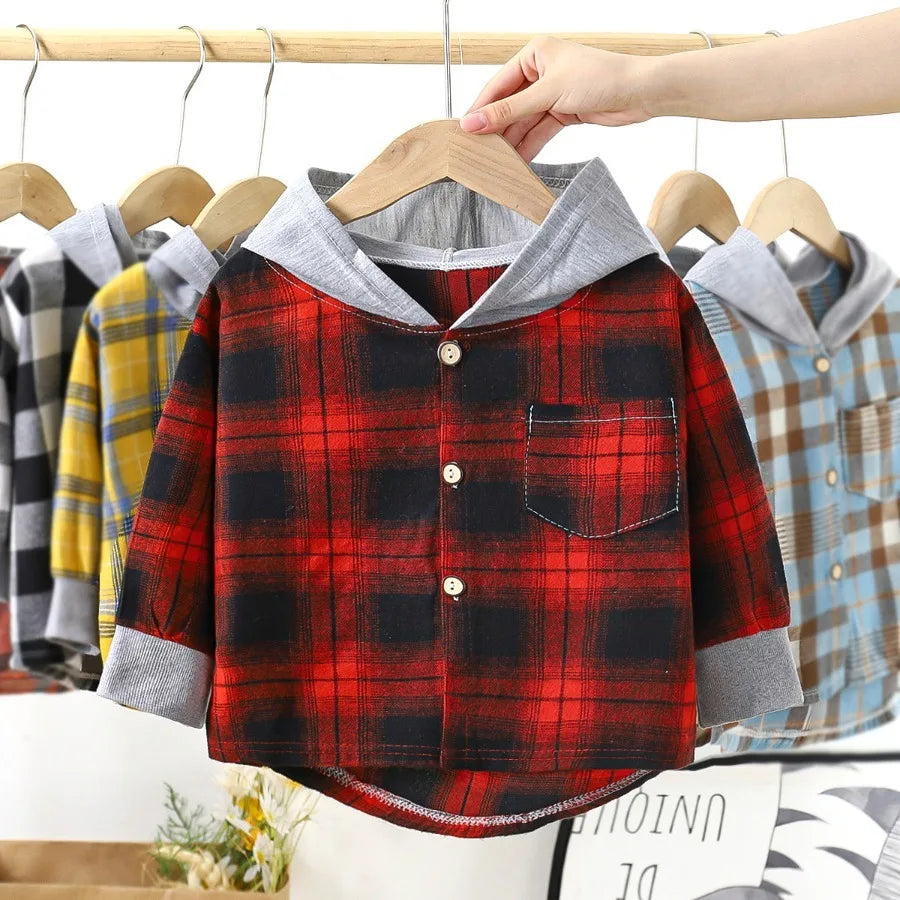 Spring Baby Boys Plaid Hooded Shirts Kids Cotton Clothes Autumn Girls Shirts Coat Girls Long-Sleeve Jacket Bottoming Clothing