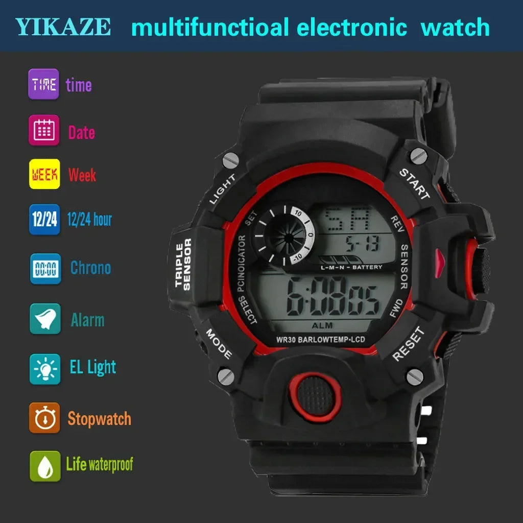 YIKAZE Men's Military Digital Watch Outdoor Men Sports Watch Waterproof Luminous Chronograph Clock Student Electronic Wristwatch