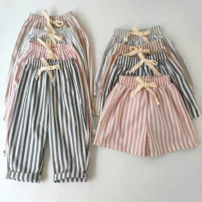 Retro Hemp Cotton Striped Boys' Pants with A Casual and High-end Design Elastic Waist Girls' Clothing Children's Pants