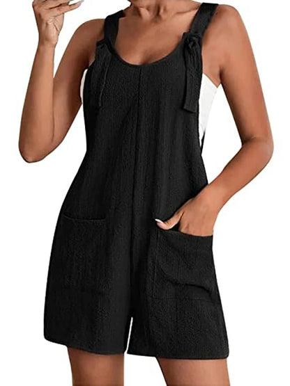 2025 Summer Women's Jumpsuit Overalls Short Loose Sleeveless Wide Leg Overall Solid Casual Romper with Pockets