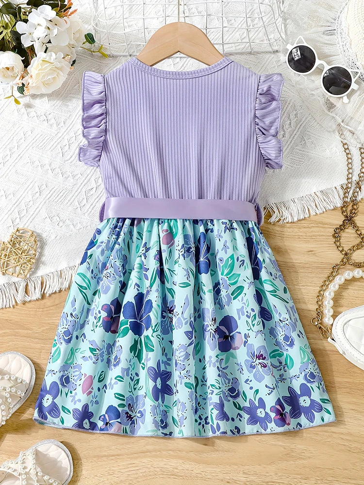 Sweet Girls Splicing Flower Print Flutter Trim Ribbed Belted Dress